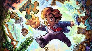 Braid Anniversary Edition key art - the Braid guy jumping to reach for a floating puzzle piece