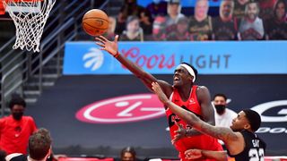 Pascal Siakam #43 of the Toronto Raptors shoots against Rudy Gay #22 of the San Antonio Spurs in the second half at Amalie Arena on April 14, 2021 in Tampa, Florida.