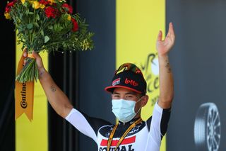 POITIERS FRANCE SEPTEMBER 09 Podium Caleb Ewan of Australia and Team Lotto Soudal Celebration Mask Covid safety measures Medal Flowers during the 107th Tour de France 2020 Stage 11 a 1675km stage from ChatelaillonPlage to Poitiers TDF2020 LeTour on September 09 2020 in Poitiers France Photo by Thibault Camus PoolGetty Images
