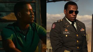 J. Alphonse Nicholson wearing green shirt in P-Valley, and Sherman Augustus wearing military uniform and sunglasses in Stranger Things