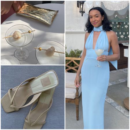 Lauren Tappan wearing a blue wedding guest dress, a clutch, and sandals 