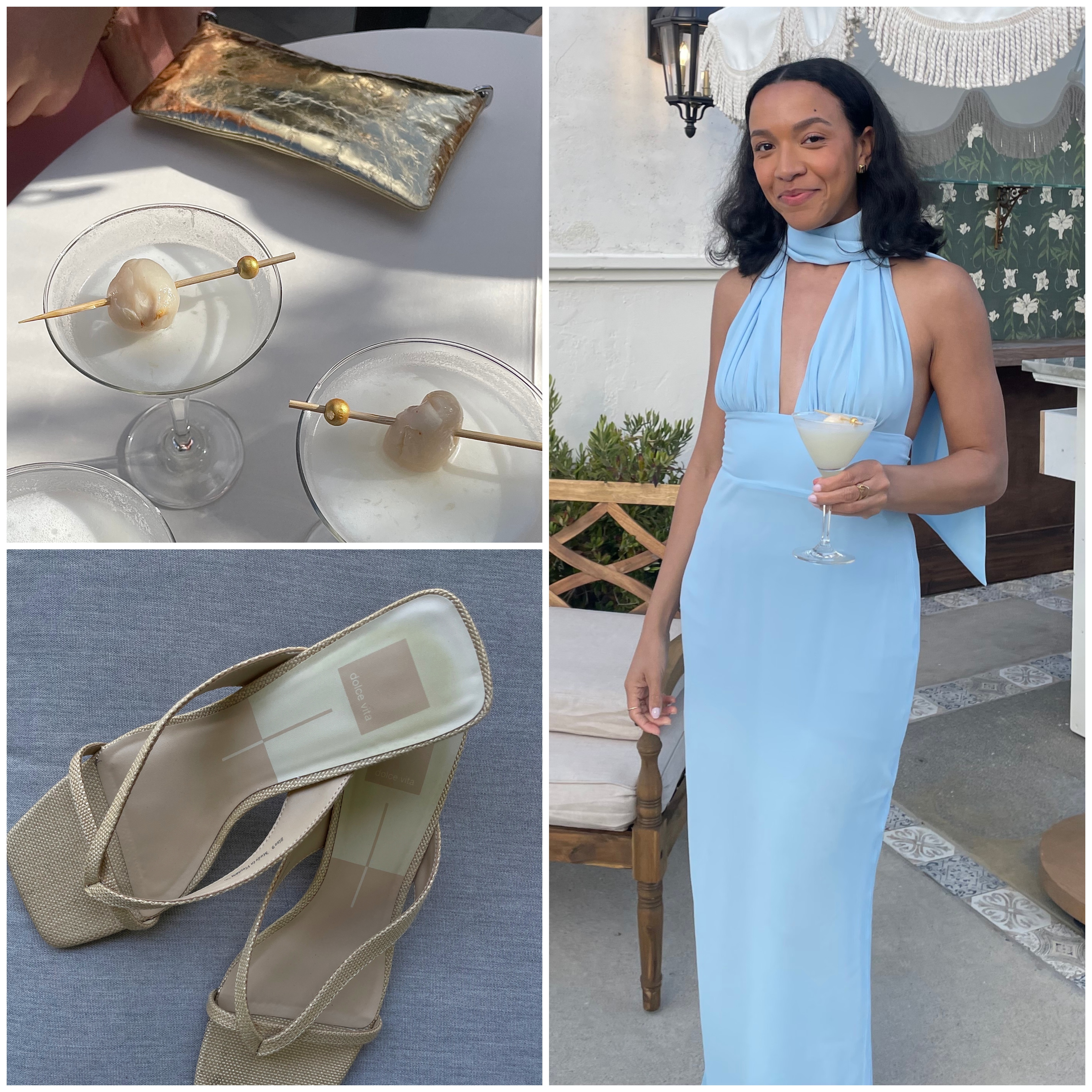 Lauren Tappan wearing a blue wedding guest dress, a clutch, and sandals 