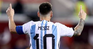 Lionel Messi #10 of Argentina celebrates his goal in the second half against Jamaica at Red Bull Arena on September 27, 2022 in Harrison, New Jersey. Argentina defeated Jamaica 3-0.