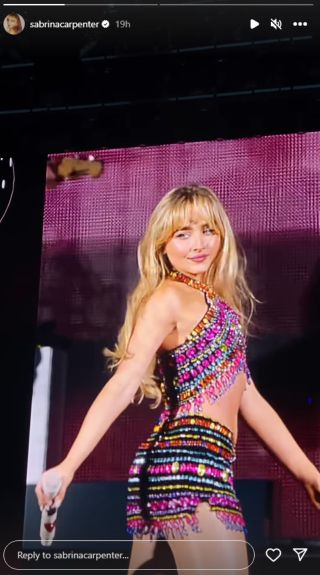 A screenshot of Sabrina Carpenter in her rainbow outfit during the Eras Tour from her IG stories.