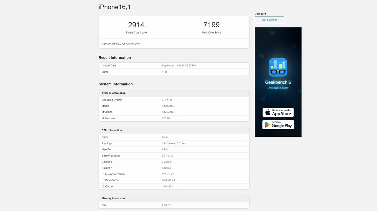 A Geekbench listing for the iPhone 15 Pro