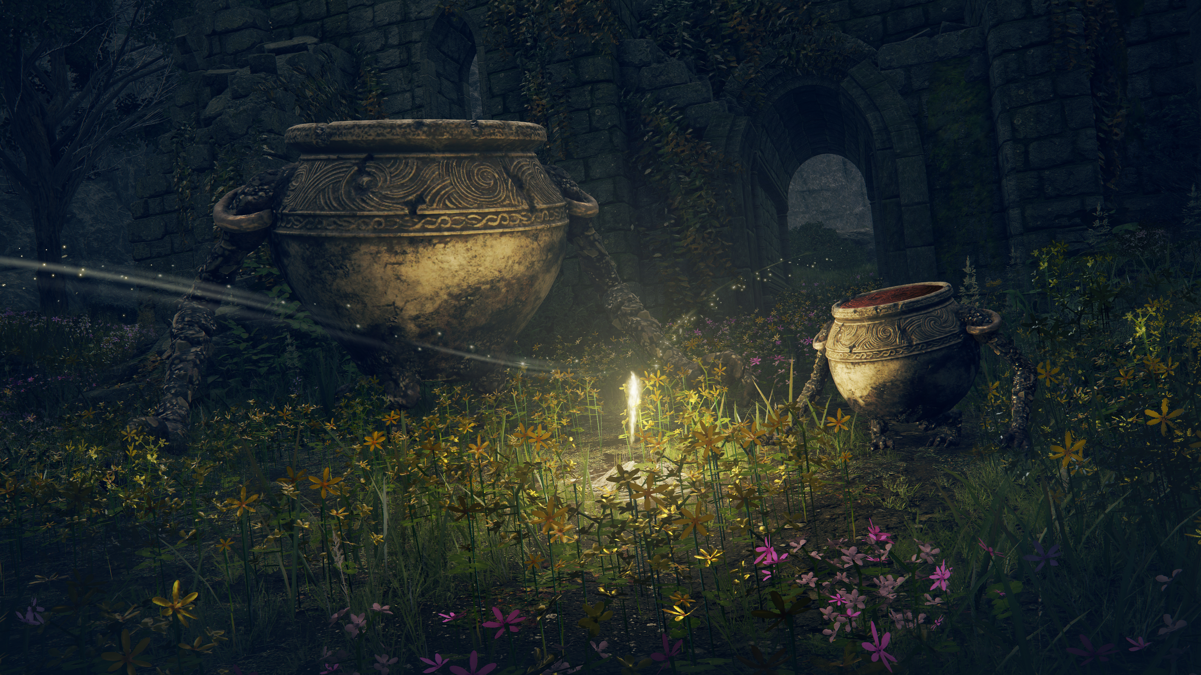 A still from the Elden Ring game showing a flowery and grassy scene illuminated by a shard of light