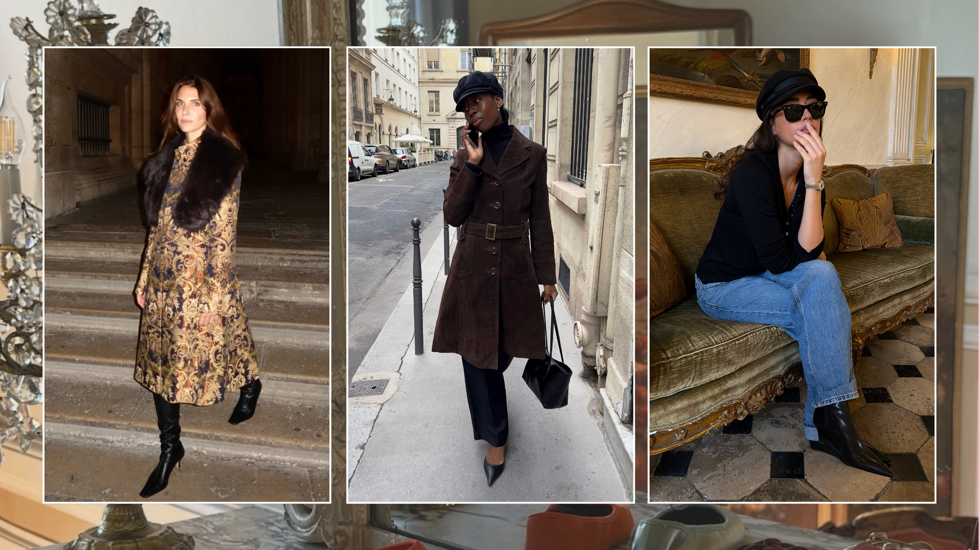 A collage of the 6 key French winter shoe trends. 