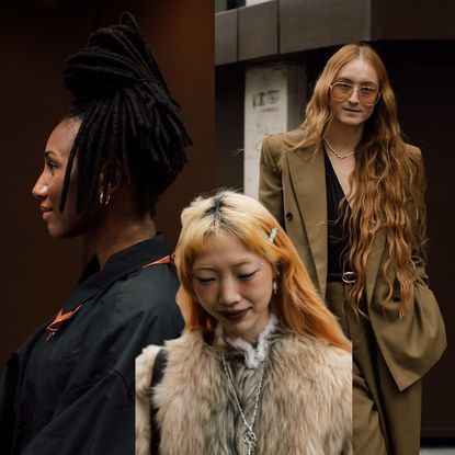 a collage of three women in London wearing stylish outfits with trendy hairstyles