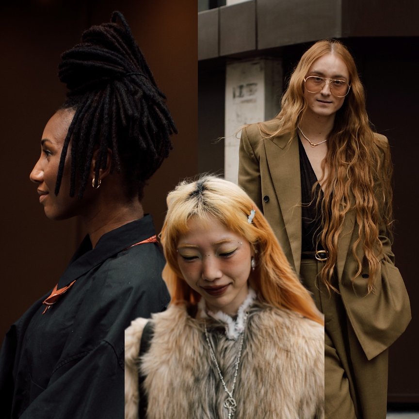 a collage of three women in London wearing stylish outfits with trendy hairstyles