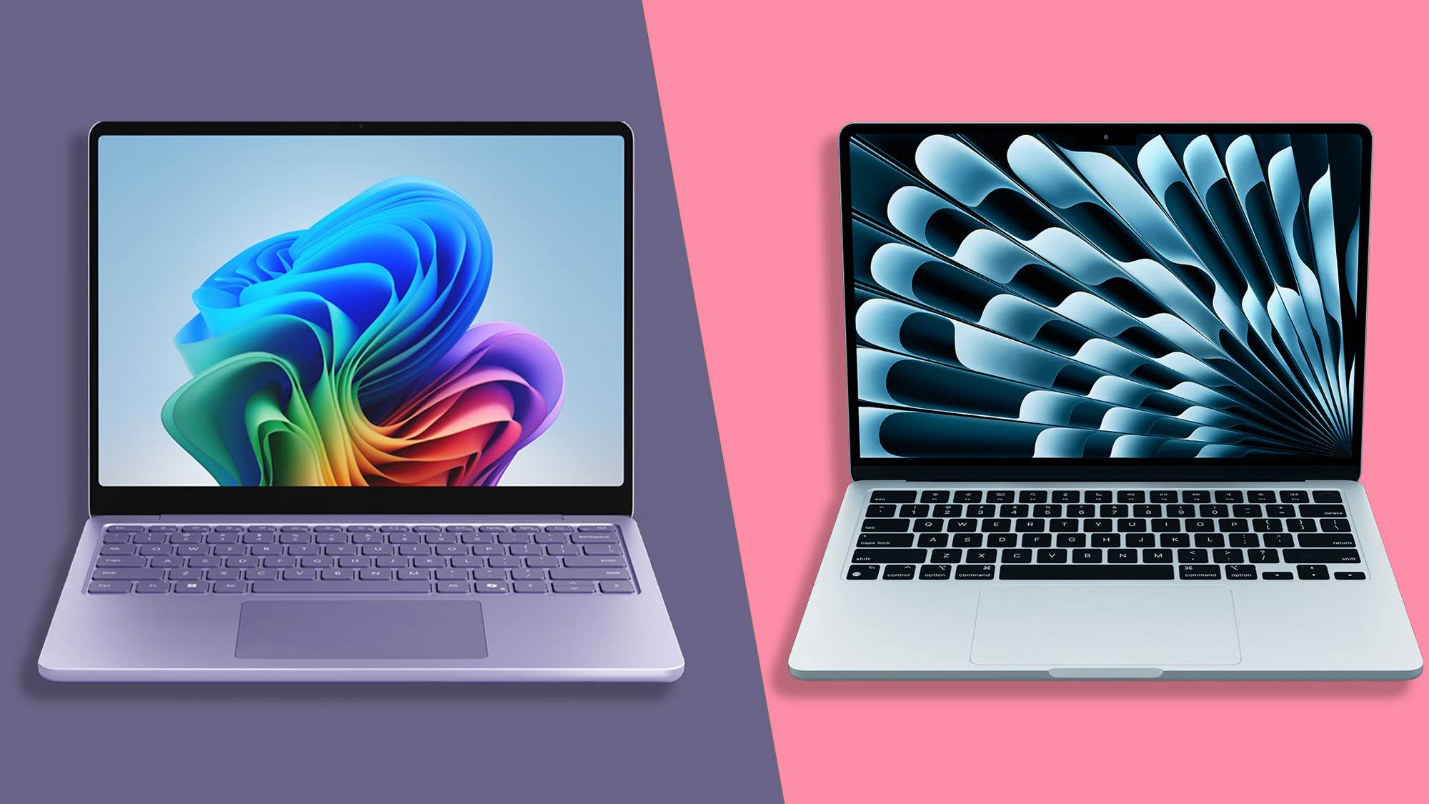 A Microsoft Surface Laptop 13-inch vs MacBook Air 13-inch against a two-tone background