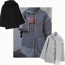 Photos of Who What Wear editors and influencers wearing viral Toteme scarf coat.