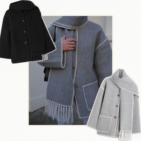 Photos of Who What Wear editors and influencers wearing viral Toteme scarf coat.