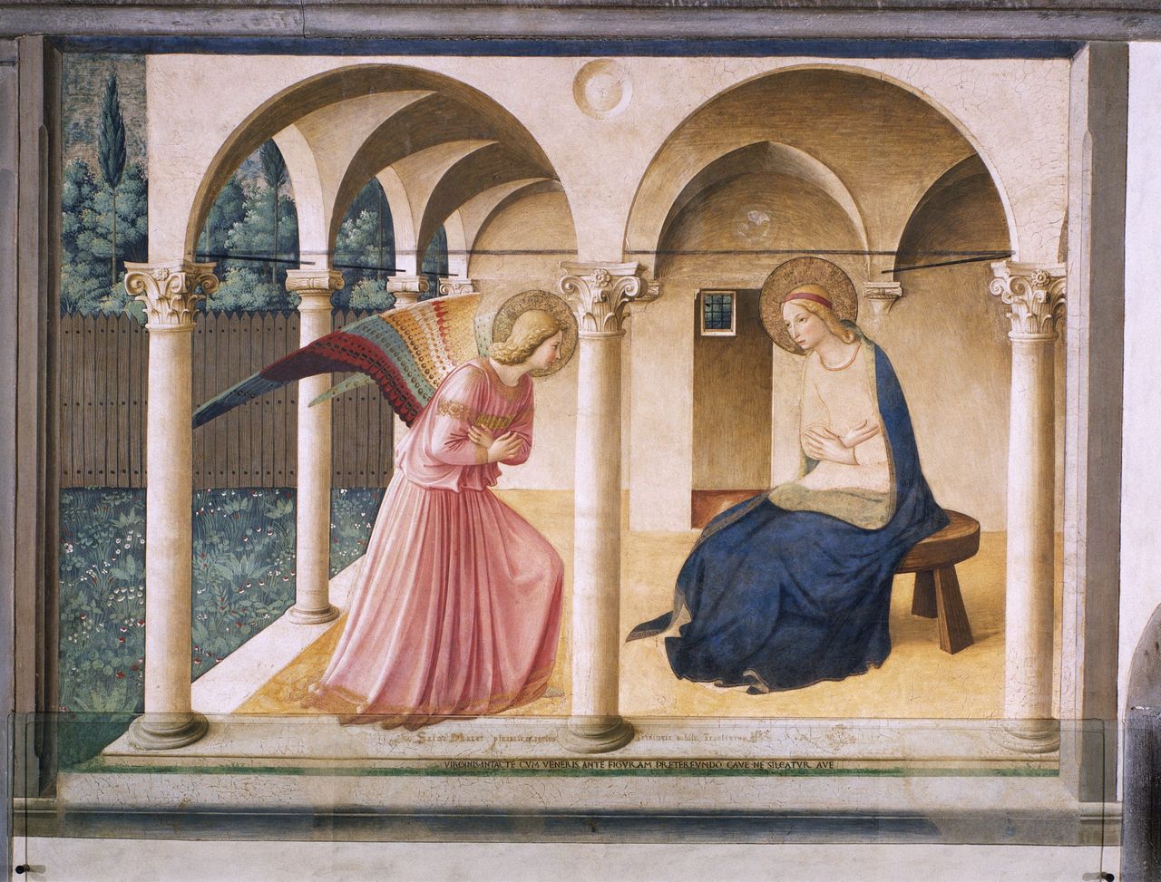 Annunciation, about 1438–47, 90½in by 126¼in, fresco, by Fra Angelico (Guido di Pietro, about 1395–1455), Convent of San Marco, Florence, Italy. (Photo by © Arte &amp;amp; Immagini srl/CORBIS/Corbis via Getty Images)