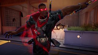 Marvel Rivals 3.5 end of match screen: An upper-body shot of Blade with glowing red eyes behind his glasses as he slashes his sword in his left hand.