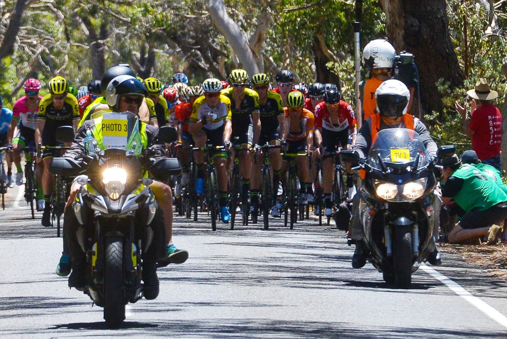 The Tour Down Under peloton in action during stage 3