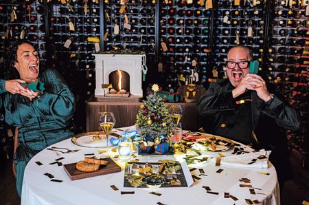 Celebrated chef Heston Blumenthal (right) and his wife Melanie Ceysson firmly in the three-star Christmas spirit at The Fat Duck, Bray