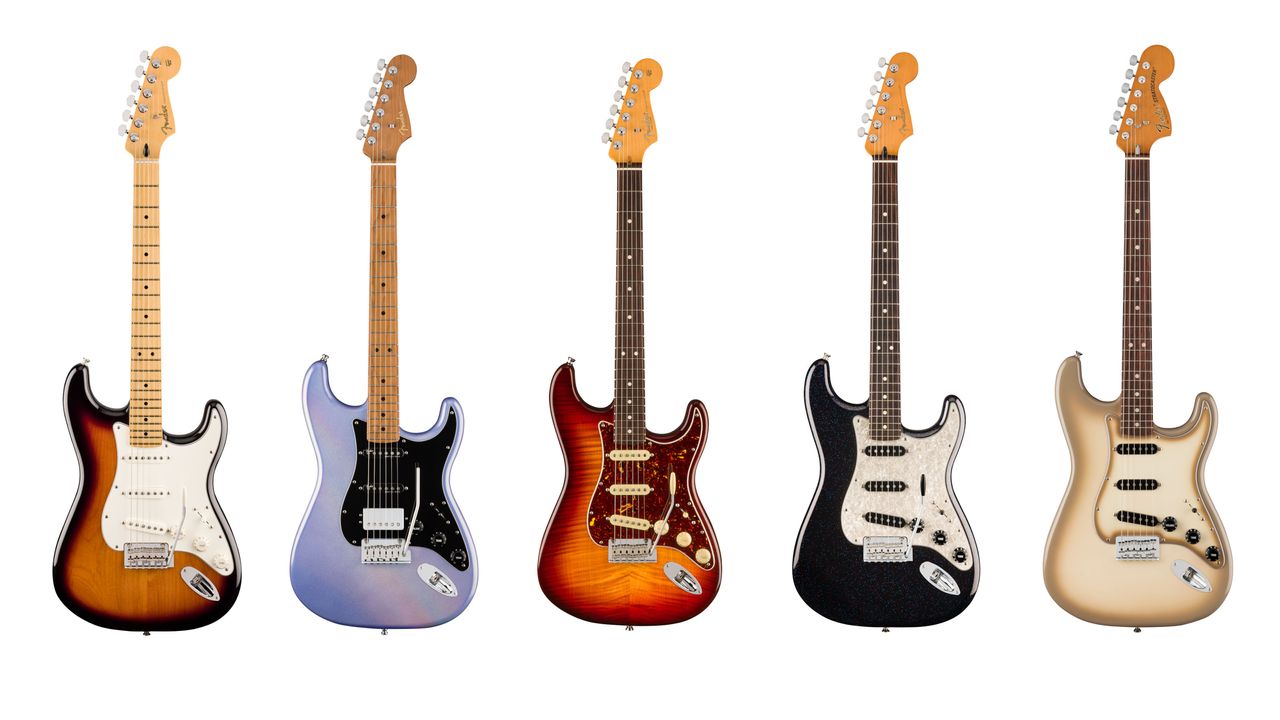 Five of the Fender 70th Anniversary Stratocaster models