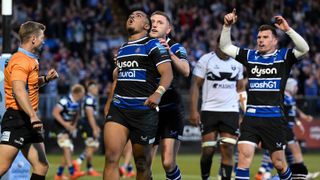 Ollie Lawrence, Finn Russell and Ben Spencer celebrating a try against Bristol in the semi-final of the Gallagher Premiership.