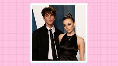 Tucker Pillsbury and Emma Chamberlain pose with their arms around each other as they attend the 2022 Vanity Fair Oscar Party hosted by Radhika Jones at Wallis Annenberg Center for the Performing Arts on March 27, 2022 in Beverly Hills, California. / in a pink check template
