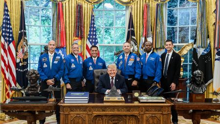 The Artemis III astronauts and NASA chief Jared Isaacman meet with President Trump on Oct. 28, 2026.