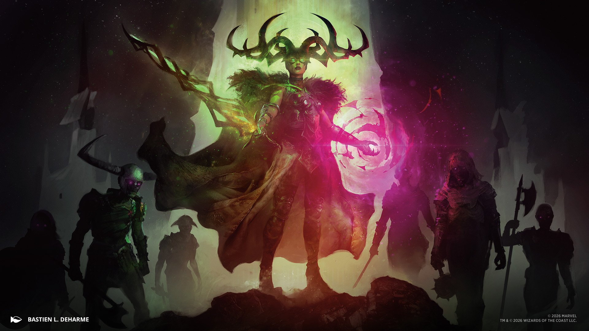 Hela surrounded by an army of undead in a cave, from artwork for MTG Darkhold Destiny