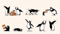 Penguin Random House illustrations of a penguin doing different tasks like skateboarding and jumping or reading a book