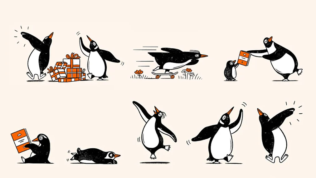 Penguin Random House illustrations of a penguin doing different tasks like skateboarding and jumping or reading a book