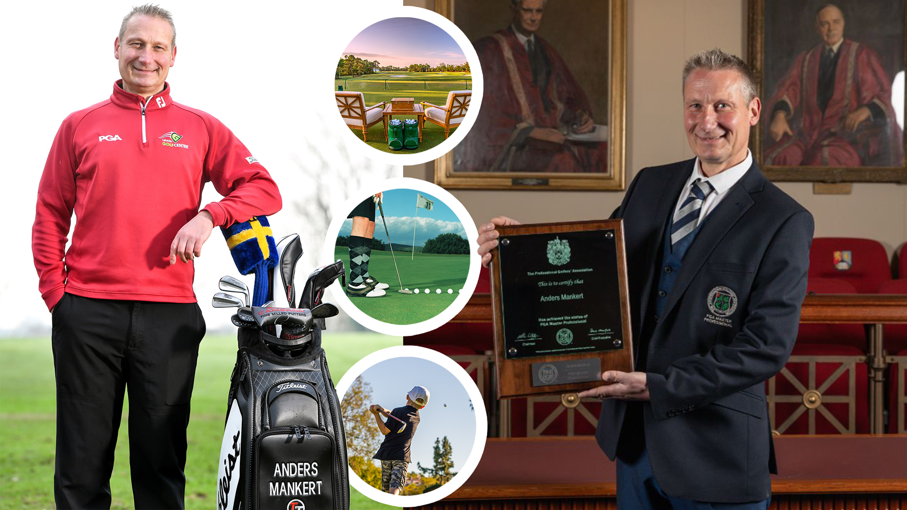 PGA Master Professional Anders Mankert posing with his golf bag and his British Empire Medal from King Charles, with inset images of three things that bother him about the game of golf - declining membership, outdated dress code and a punitive environment