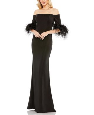 Feather Trim Off the Shoulder Column Gown