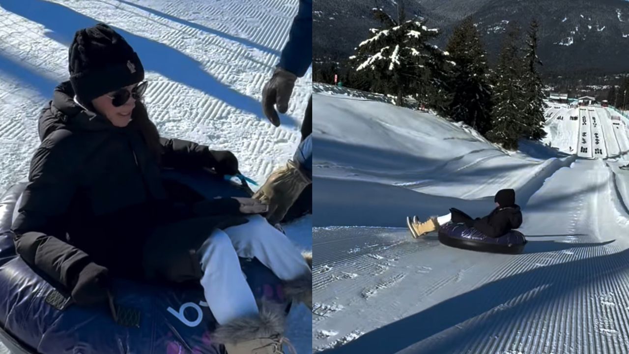 A split image of Meghan Markle sitting in a snow tube close up and one of her far away sliding down a mountain in a black coat