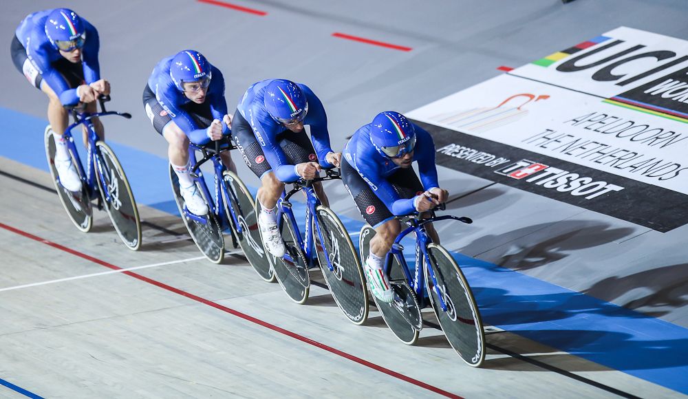 Simone Consonni,Liam Bertazzo,Filippo Ganna,Francesco Lamon (ITA) of Men`s team Pursuit squad take part in the qualifying round of the UCI Track Cycling World Championships