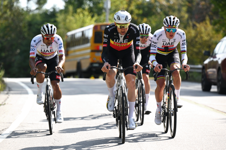 QUEBEC CITY, QUEBEC - SEPTEMBER 10: (L-R) Jhonatan Narvaez of Ecuador, Tim Wellens of Belgium and Tadej Pogacar of Slovenia and UAE Team Emirates - XRG during the training prior to the 14th Grand Prix Cycliste de Quebec & Montreal 2025 / #UCIWT / on September 10, 2025 in Quebec City, Quebec. (Photo by Szymon Gruchalski/Getty Images)