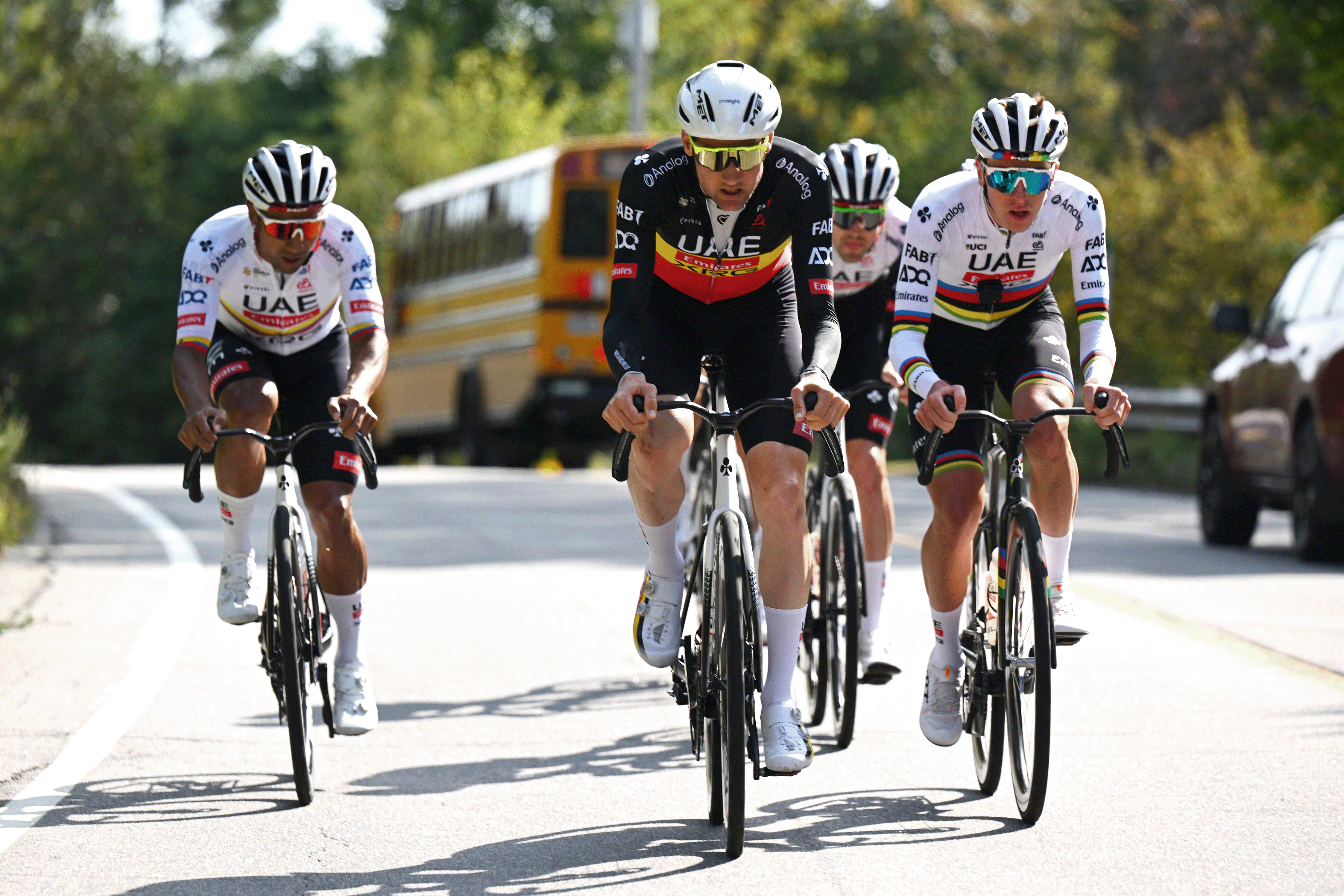 QUEBEC CITY, QUEBEC - SEPTEMBER 10: (L-R) Jhonatan Narvaez of Ecuador, Tim Wellens of Belgium and Tadej Pogacar of Slovenia and UAE Team Emirates - XRG during the training prior to the 14th Grand Prix Cycliste de Quebec &amp; Montreal 2025 / #UCIWT / on September 10, 2025 in Quebec City, Quebec. (Photo by Szymon Gruchalski/Getty Images)