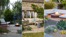 a series of different gravel patios in backyards
