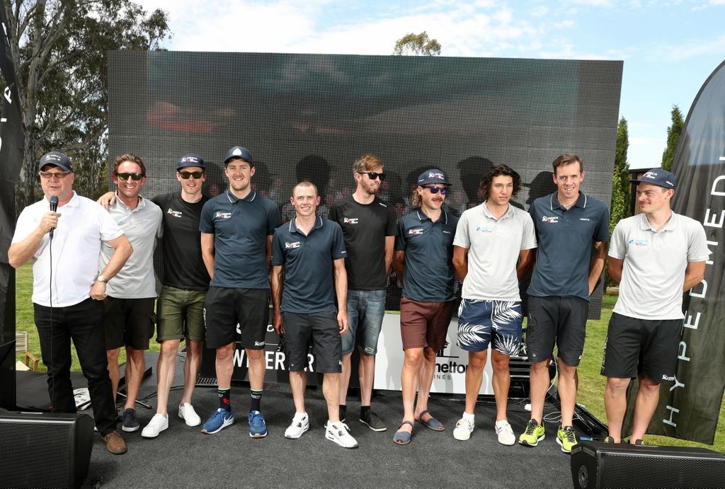 The Orica-BikeExchange riders assemble for a photo at the Winery ride
