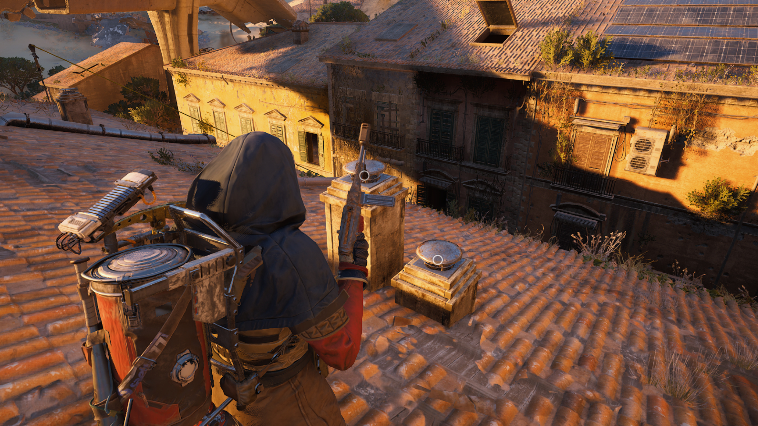 Arc Raiders Bird City: A player looking at a chimney with a bird's nest inside from a few steps back.