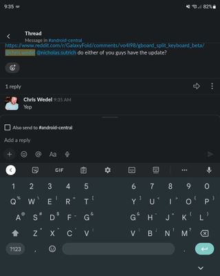 Split Screen keyboard with Gboard on Galaxy Z Fold 3 screenshot