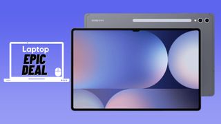 Gray Samsung Galaxy Tab S10 Ultra tablet against blue gradient background.