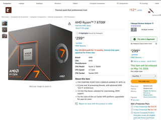 AMD Ryzen 7 8700F Amazon Listing