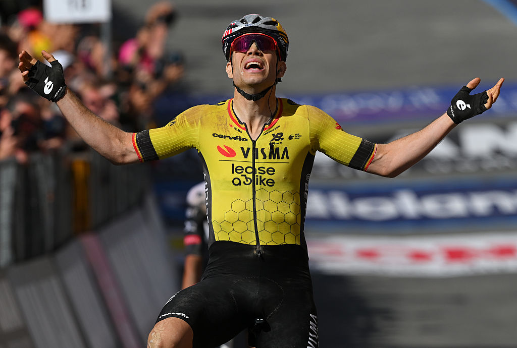 SIENA ITALY  MAY 18 Wout Van Aert of Belgium and Team Visma  Lease a Bike celebrates at finish line as stage winner during the 108th Giro dItalia 2025 Stage 9 a 181km stage from Gubbio to Siena  UCIWT  on May 18 2025 in Siena Italy Photo by Tim de WaeleGetty Images