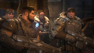 Screenshot showing Delta Squad (Marcus Fenix, Dominic Santiago, Damon Baird and Augustus Cole) in Gears of War.