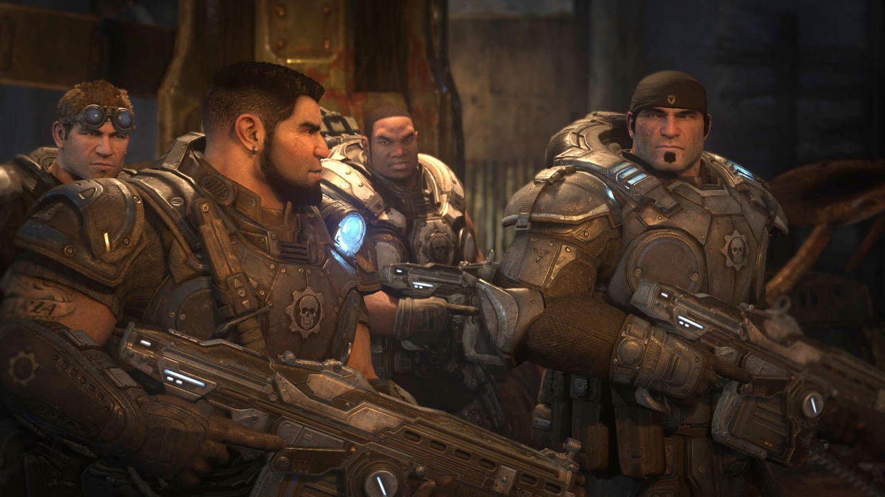 Screenshot showing Delta Squad (Marcus Fenix, Dominic Santiago, Damon Baird and Augustus Cole) in Gears of War.