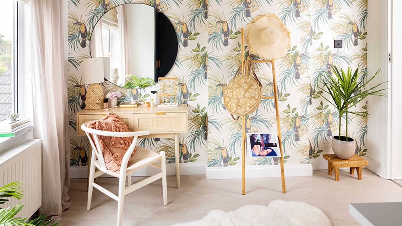 walk in dressing room with dressing table and ladder storage