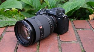 Sony a1 II camera with a Sony FE 28-70mm f/2 GM lens attached on a brick wall in front of green plants