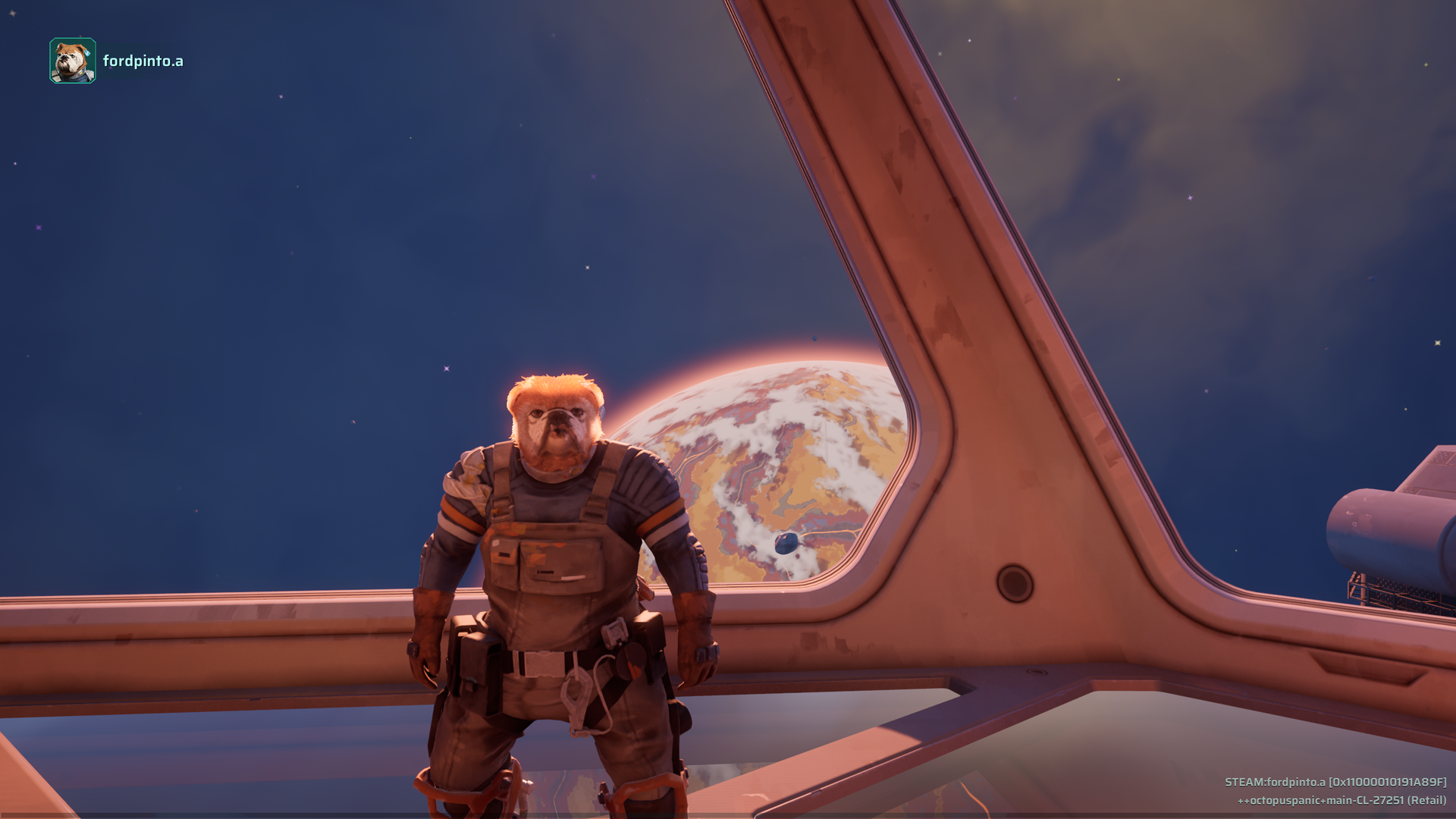 Gravhounds screenshot showing a person with a dog head on a spaceship.