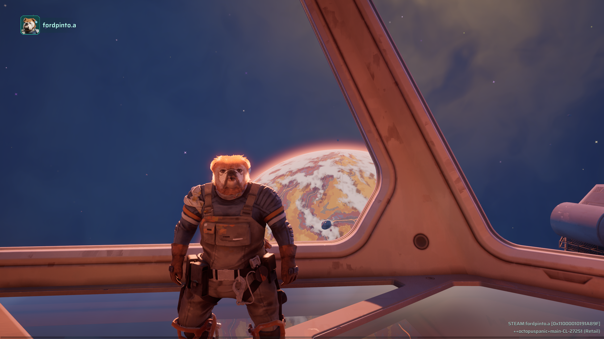 Gravhounds screenshot showing a person with a dog head on a spaceship.