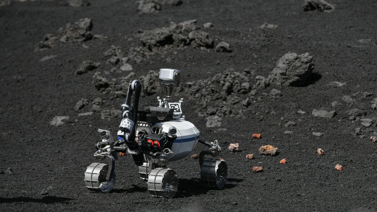 The Lightweight Rover Unit 2 during an exercise on the moon-like sloped of Italy's Mount Etna.