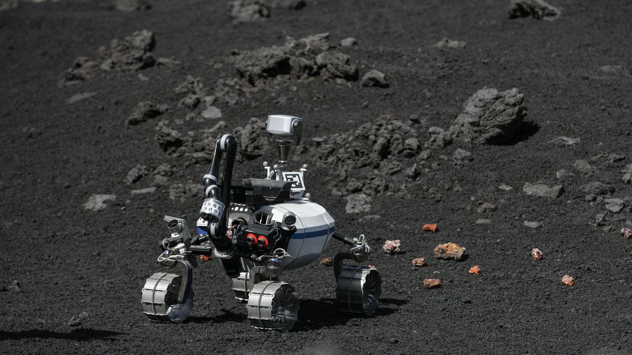 The Lightweight Rover Unit 2 during an exercise on the moon-like sloped of Italy's Mount Etna.