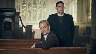 Geordie Keating and Will Davenport in church in Grantchester season 8 episode 1