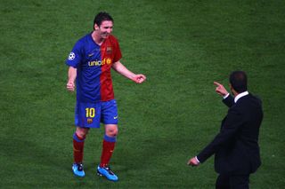 Lionel Messi and Pep Guardiola celebrate after Barcelona's Champions League final win over Manchester City in Rome in 2009.